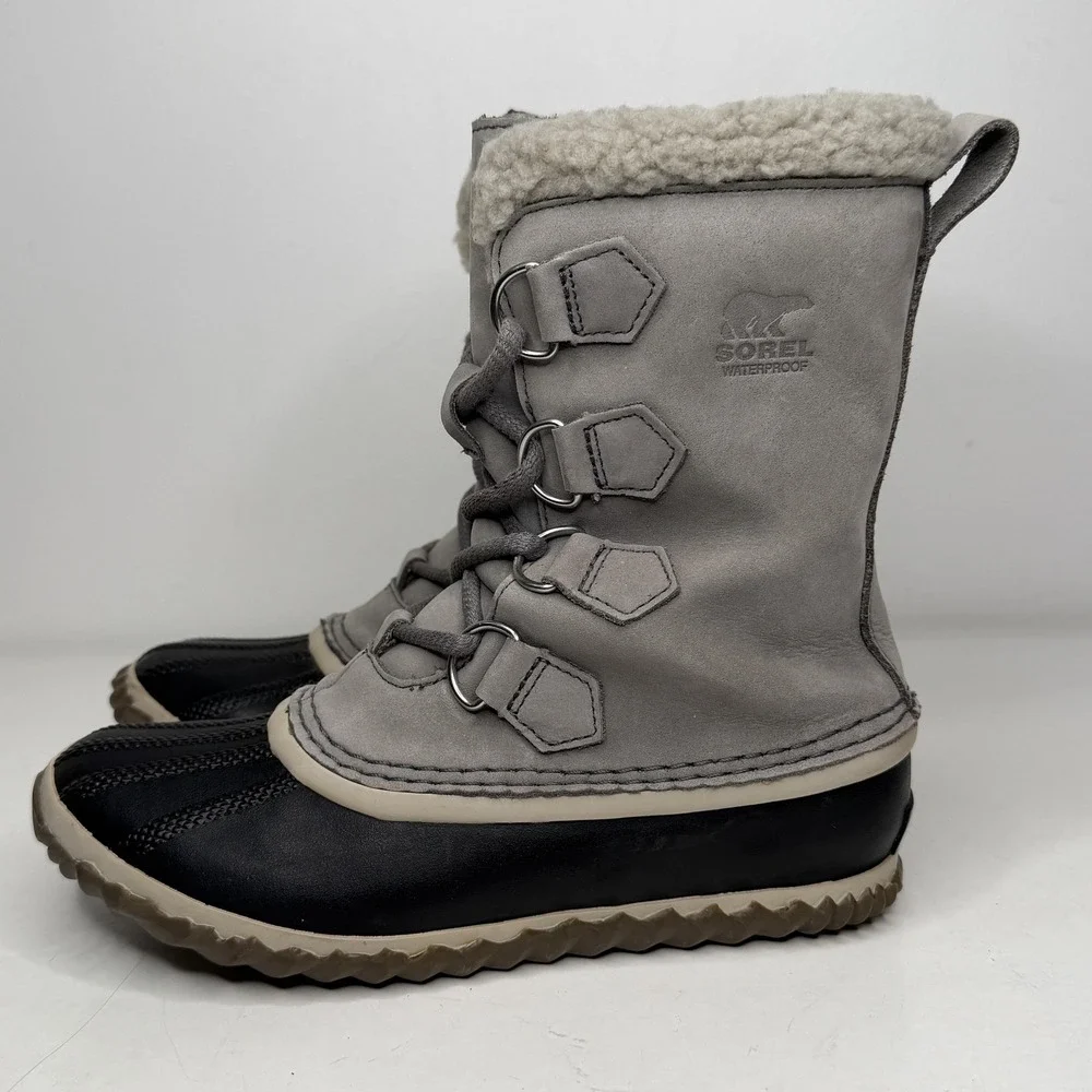 Sorel Boots Womens Size 6 Gray Waterproof‎ Lace Up Faux Fur Snow NL2649-052